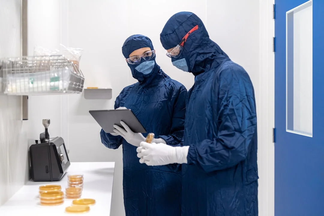 Person in protective suit disinfecting a white table indoors with a sprayer.