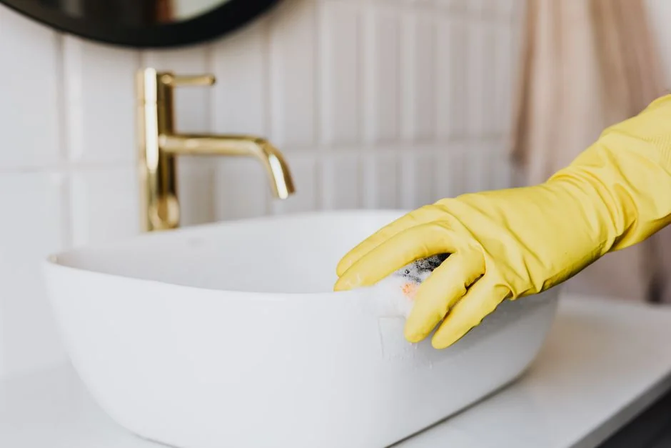 Person in protective gear disinfecting bathroom sink with spray bottle.